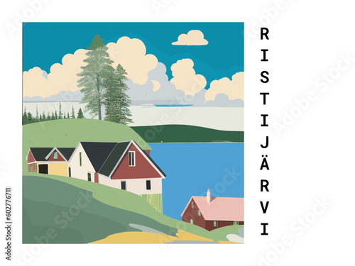 Ristijärvi: Vintage travel poster with an Finnish landscape and the title Ristijärvi