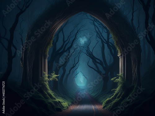 Archway in an enchanted fairy forest landscape  misty dark mood. Generative AI 