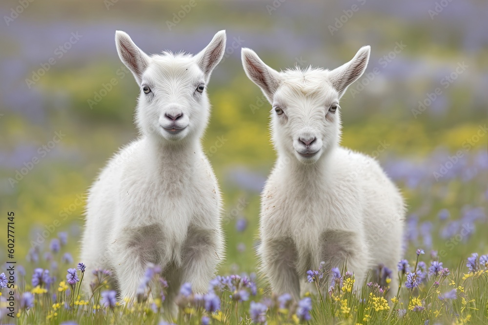 two adorable baby goats enjoying a field of colorful flowers Generative AI two adorable baby goats enjoying a field of colorful flowers Generative AI