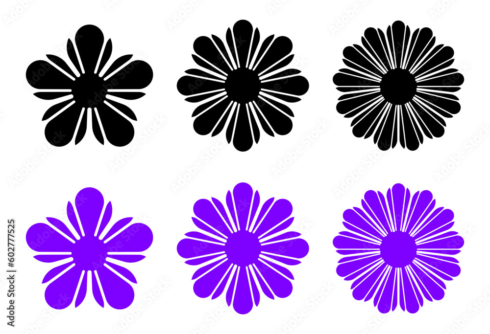 Set or collection of beautiful black and purple flowers; Floral elements for decorations, patterns and other creative designs Set or collection of beautiful black and purple flowers; Floral elements for decorations, patterns and other creative designs