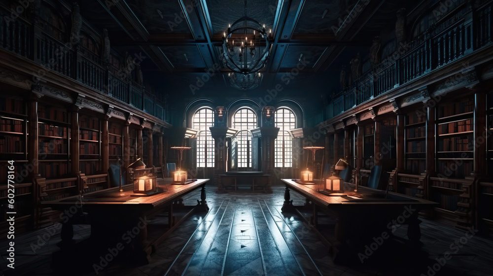 A dimly lit library with bookshelves and a chandelier. Generative AI. Dark academia style, victorian style mansion interior design with wooden stairs.