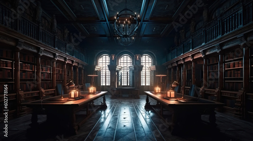 A dimly lit library with bookshelves and a chandelier. Generative AI. Dark academia style, victorian style mansion interior design with wooden stairs.