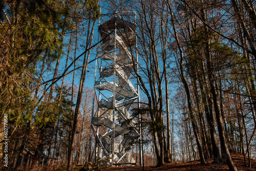 Aerial Drone Shot: Sightseeing Tower in Brezno, Autumn Scenery with Misty Morning and Cloud Inversion in Horehronie Region photo