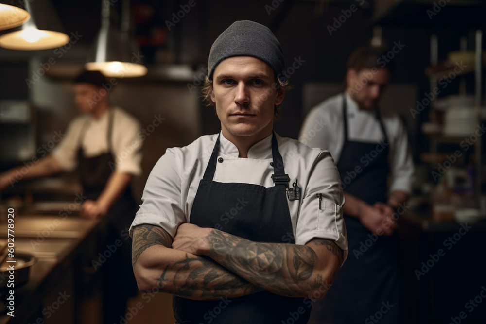 chef posing in his kitchen with arms crossed looking at camera AI generated image