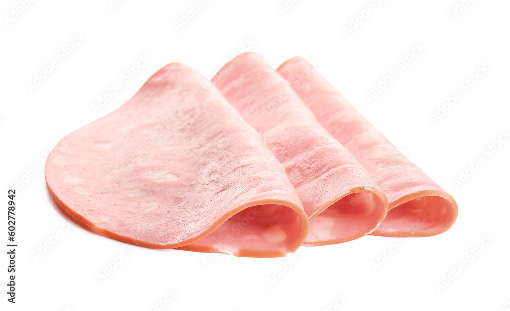Slices of tasty boiled sausage on white background Slices of tasty boiled sausage on white background