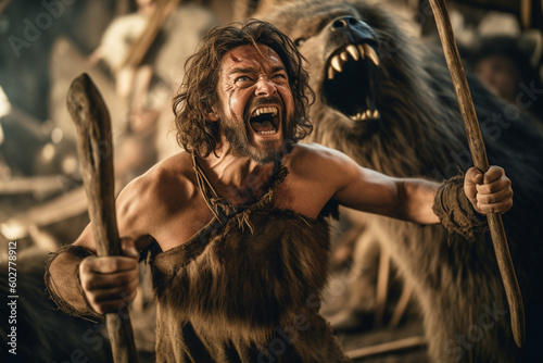 A caveman screams with a beast in the background AI generated image