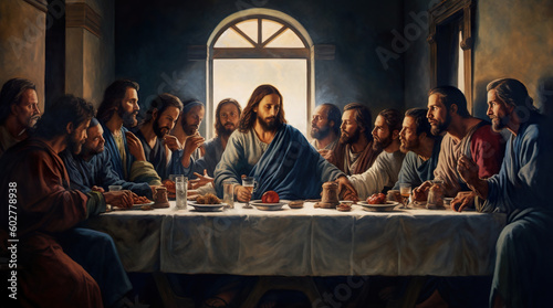 A painting of the last supper of jesus. Generative AI. photo