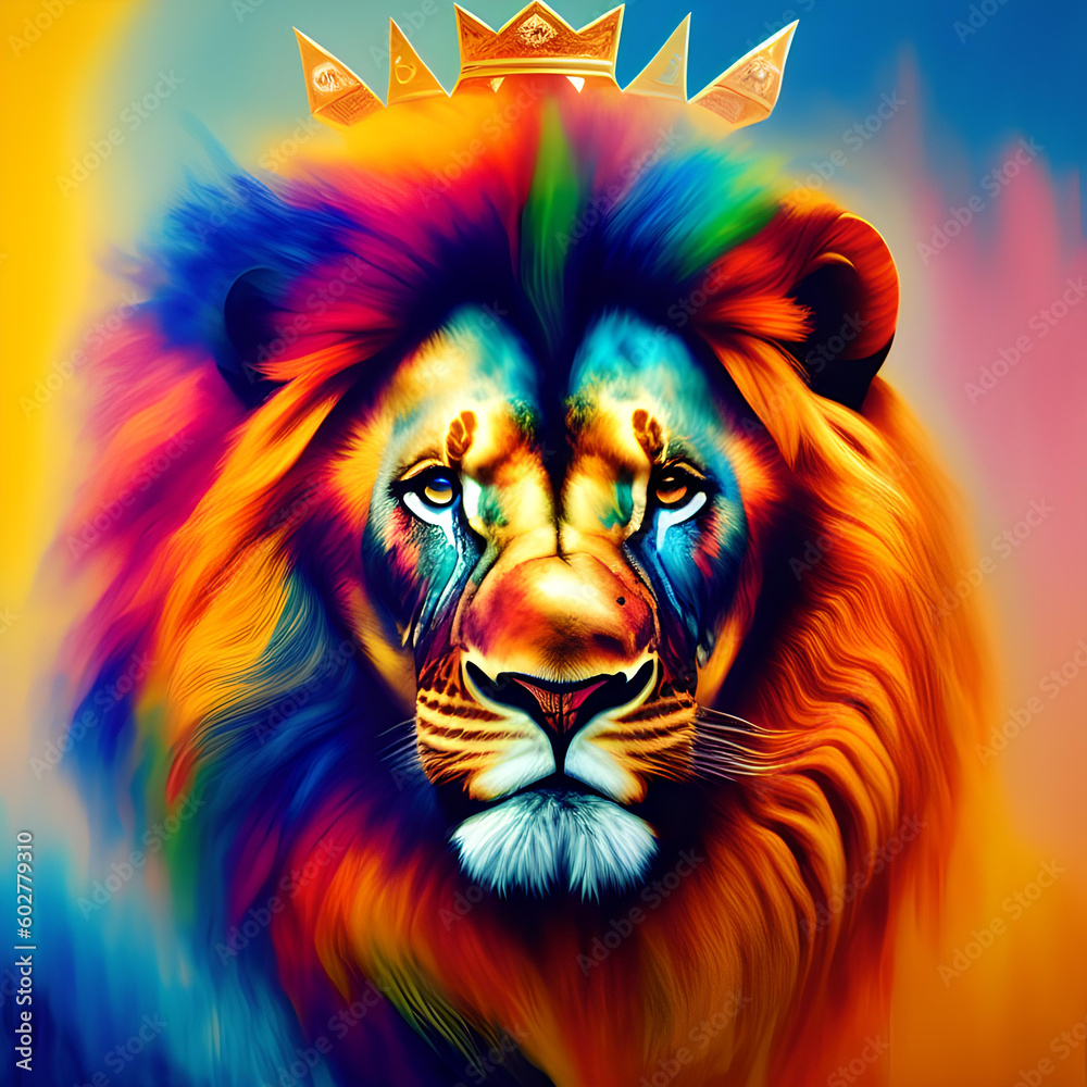 Abstract painting concept. Colorful art of a lion with a crown.