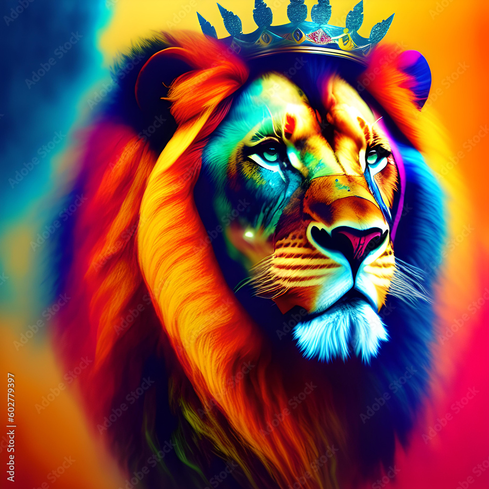Abstract painting concept. Colorful art of a lion with a crown.