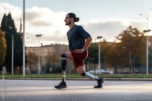 Athletic young man with a disability exercising outdoors. Generative AI