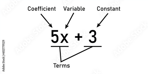 Algebraic expressions parts in mathematics. Coefficient, variable, constant and terms. Parts of an expression. Math resources for teachers.