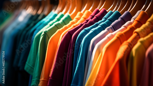 clothes t-shirts multi-colored on hangers in the store .Generative AI