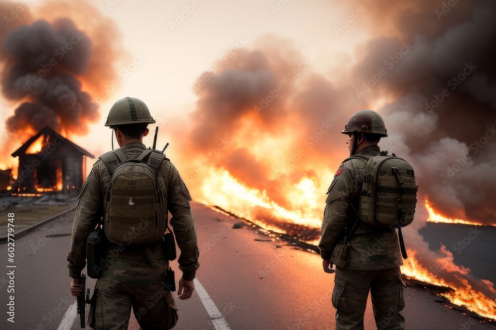 A soldier with a gun and a backpack stands in front of a burning house, from which smoke comes, war, explosions, fire, smoke. landscape with the ruined construction of a family house. Generative AI A soldier with a gun and a backpack stands in front of a burning house, from which smoke comes, war, explosions, fire, smoke. landscape with the ruined construction of a family house. Generative AI