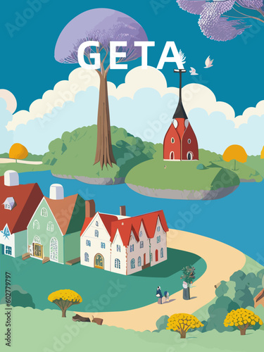 Geta: Retro tourism poster with an Finnish landscape and the headline Geta in Åland