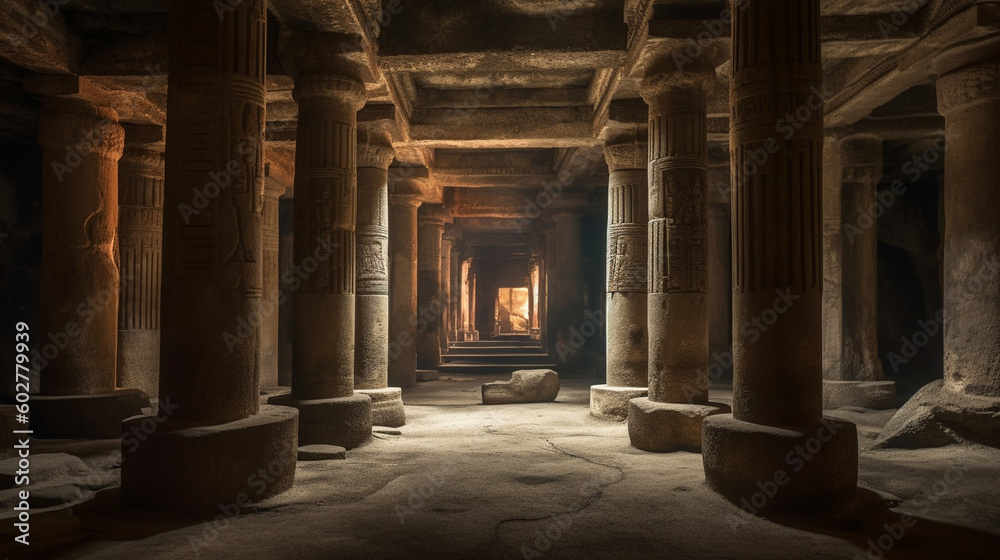 A grand underground chamber with towering columns and ancient ruins Generative AI