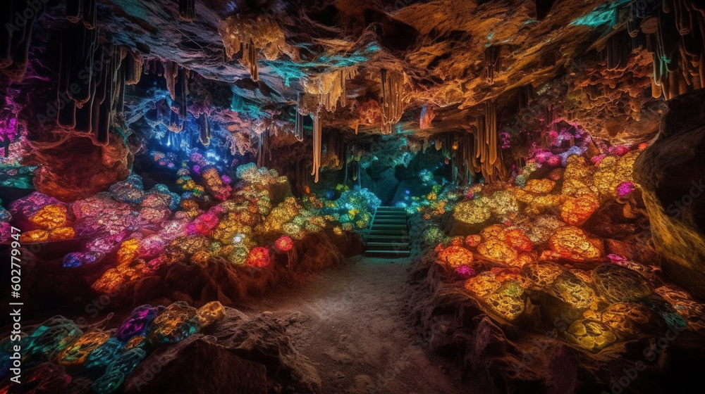 A magical cave covered in vibrant, glowing crystals Generative AI A magical cave covered in vibrant, glowing crystals Generative AI