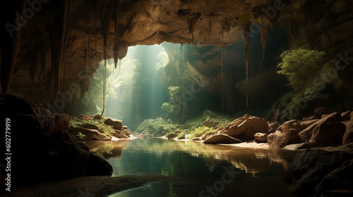 A serene cave with a tranquil stream flowing through it Generative AI