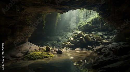 A serene cave with a tranquil stream flowing through it Generative AI