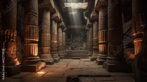 A grand underground chamber with towering columns and ancient ruins Generative AI