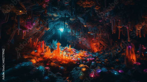 A magical cave covered in vibrant  glowing crystals Generative AI