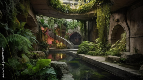 A mystical underground oasis with lush foliage and a cascading waterfall Generative AI