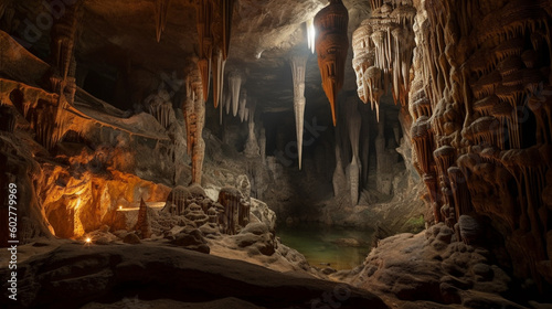 A subterranean world featuring magnificent stalactites and stalagmites Generative AI photo