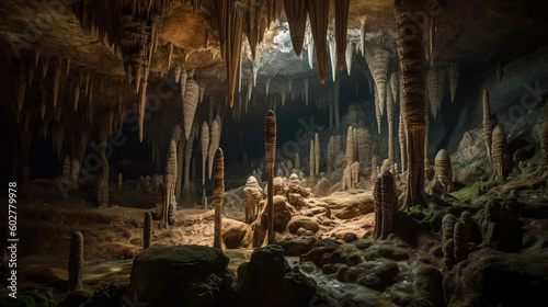 A subterranean world featuring magnificent stalactites and stalagmites Generative AI