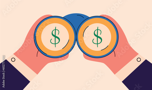 Hand with money icon. Looking for investment opportunity, money visionary. Vector illustration