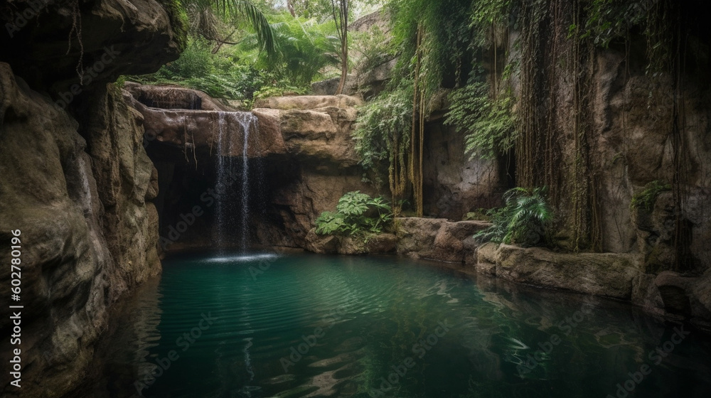 Fototapeta premium A hidden grotto with an enchanting waterfall flowing into a serene pool Generative AI