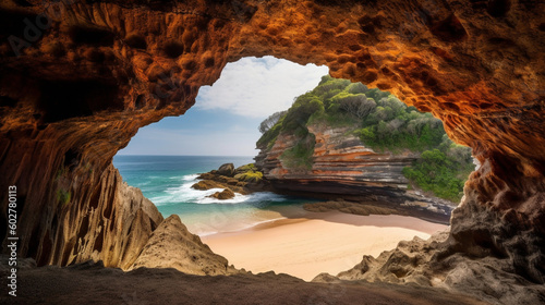 A mesmerizing cave with a stunning natural archway leading to a hidden beach Generative AI