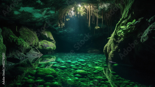 A hidden grotto featuring a mesmerizing display of bioluminescent algae Generative AI