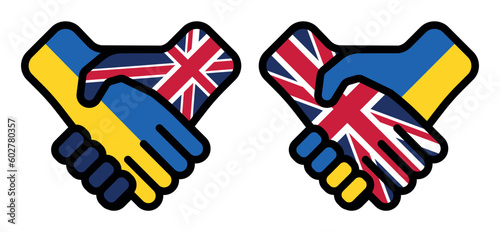 Handshake between Ukraine and Great Britain with their respective national flags. Symbolizing support, help, friendship, and partnership between the two entities. Represents the unity of Great Britain