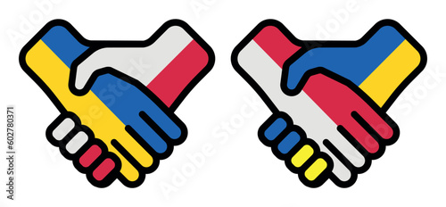 Handshake between Ukraine and Poland with their respective national flags. Symbolizing support, help, friendship, and partnership between the two countries. Represents the unity of Poland and Ukrainia