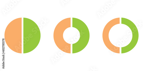 Set of two parts of circle. Pie chart with two same size sectors. Vector illustration isolated on white background.