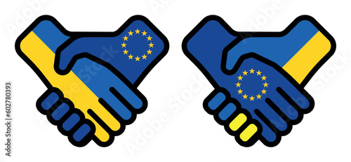 Handshake between Ukraine and the European Union with their respective national flags. Symbolizing support, help, friendship, and partnership between the two entities. Represents the unity of the Euro
