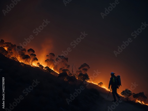 Firefighter walking around a controlled bushfire. Generative AI  © Diatomic