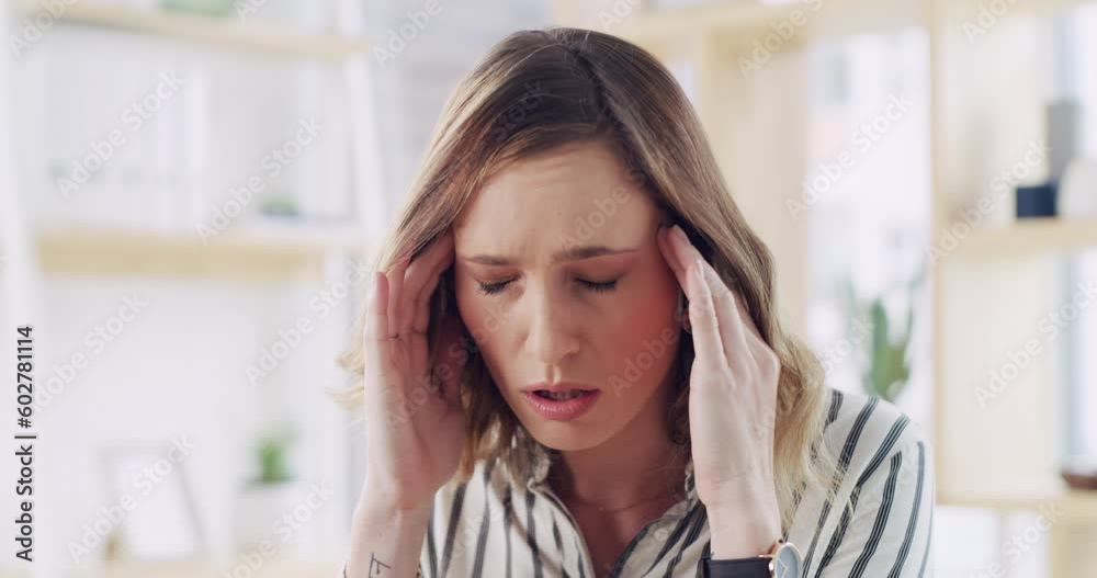 Burnout, stress or business woman with headache in office from depression, mental health or anxiety for work. Tired, mental health or sad employee frustrated, angry and head pain from tax audit
