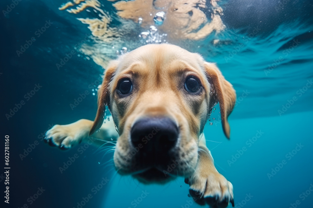Underwater funny photo of golden labrador retriever puppy in swimming pool play with fun, generative AI