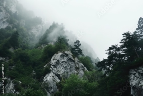 misty mountain landscape with dense forest Generative AI
