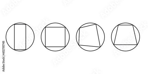Example of cyclic quadrilateral. opposite angles in a cyclic quadrilateral add up to °180. Four corners on the circle. vector illustration isolated on white background.