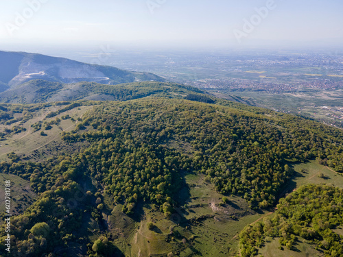 Aerial spring view of Rhodopes Mountain near town of Kuklen, Bulgaria photo