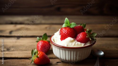 Strawberries and Cream on a Rustic Wooden Table