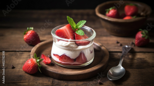 Strawberries and Cream on a Rustic Wooden Table