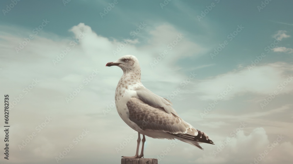 Portrait of a seagull on the seashore. Close view of a white seagull bird sitting on the beach. Wild seagull with natural blue background. Generative AI Portrait of a seagull on the seashore. Close view of a white seagull bird sitting on the beach. Wild seagull with natural blue background. Generative AI
