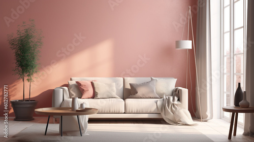 A living room with pink walls and a white couch. Generative AI.