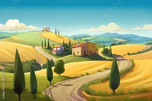 picturesque rural landscape with a charming house at the end of a winding road Generative AI