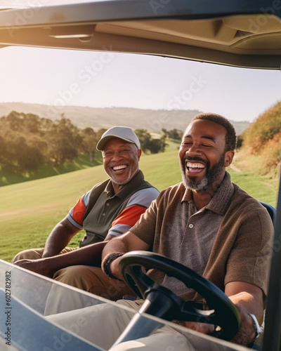 Fotografie, Tablou father and son riding on a golf cart, golf course, fathers day sunset