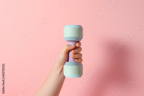 female hand holding dumbbells on soft bed color background. health and self care concept.Generative AI