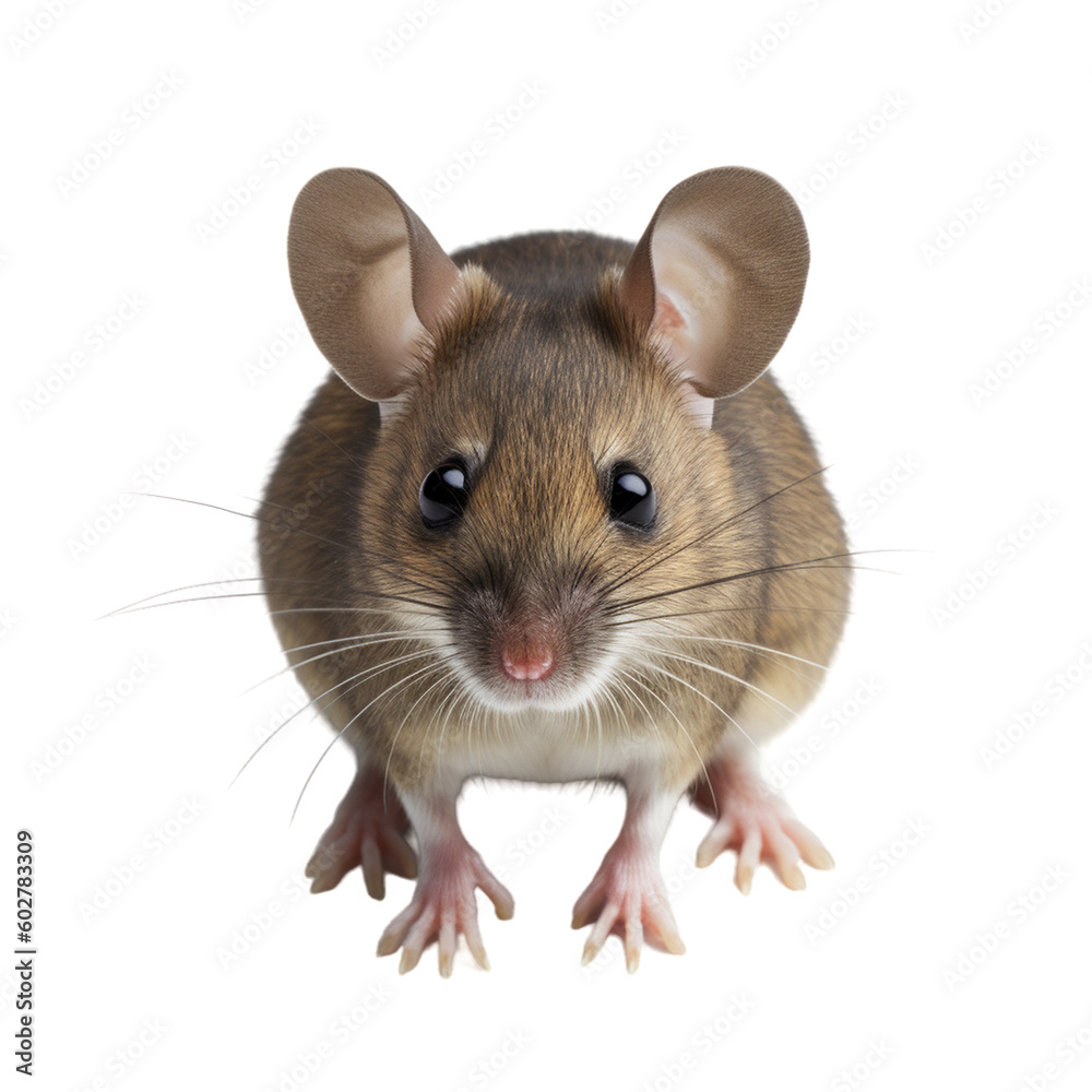 Deer mouse sitting, top view, isolated on white background