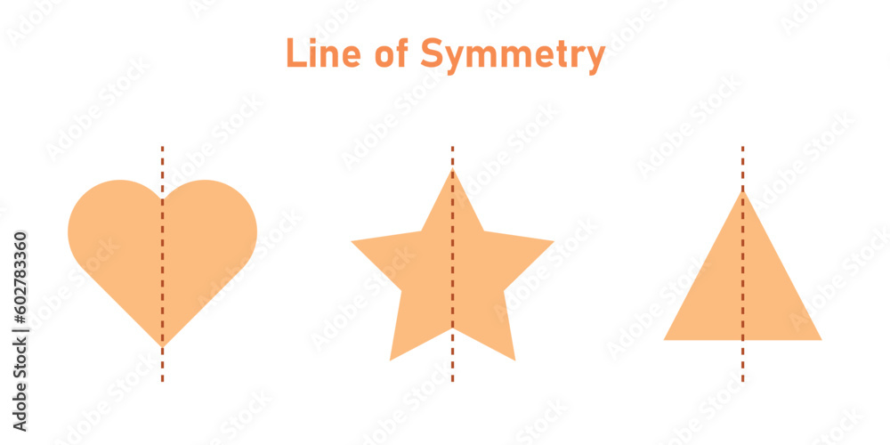 Line of symmetry of triangle, heart and star. Vertical line of symmetry